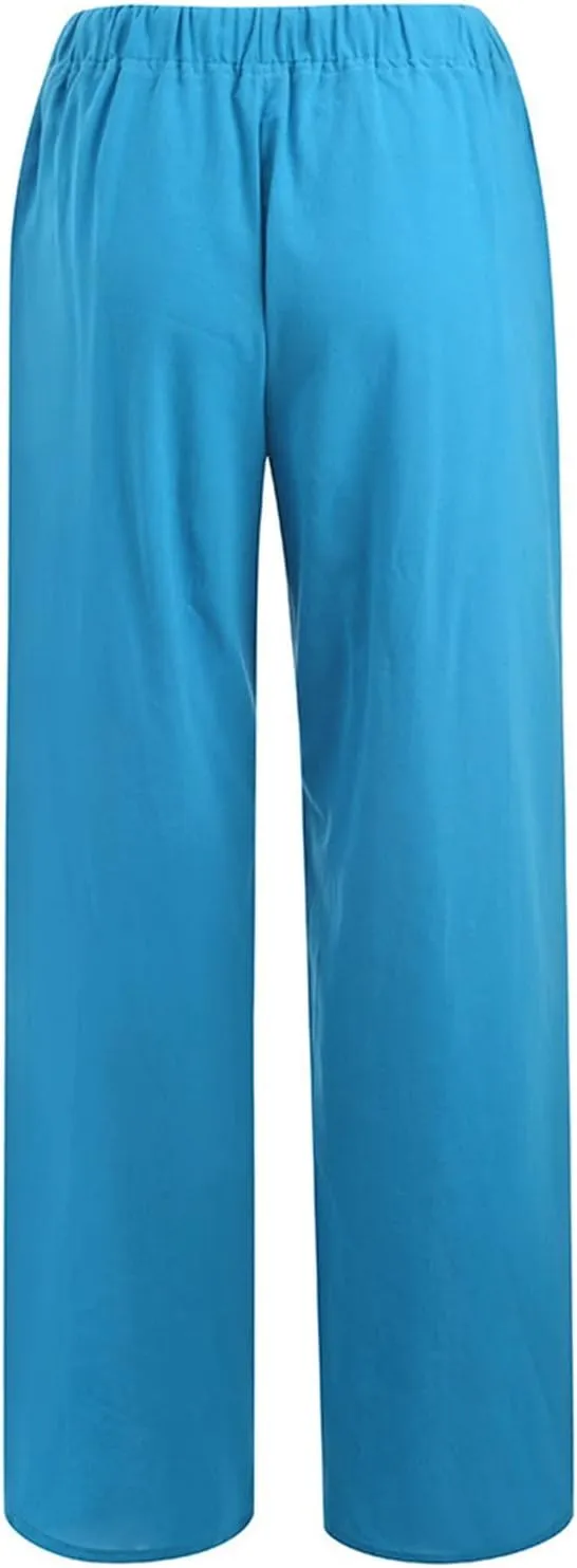 Women's Summer Casual Pants Loose Fit High Waist Drawstring Beach Pants Straight Leg Lightweight Pant with Pockets