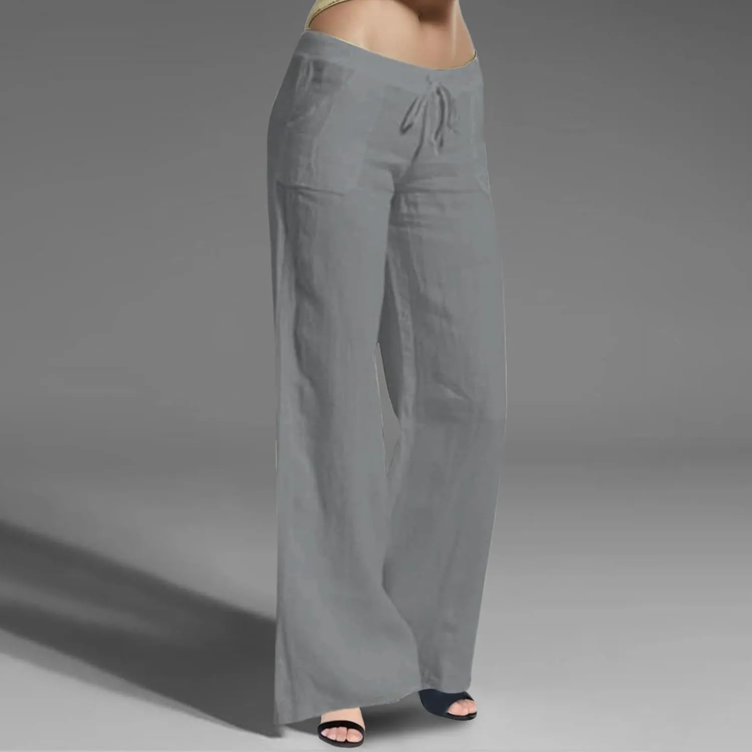 Women's Summer Casual Pants Loose Fit High Waist Drawstring Beach Pants Straight Leg Lightweight Pant with Pockets