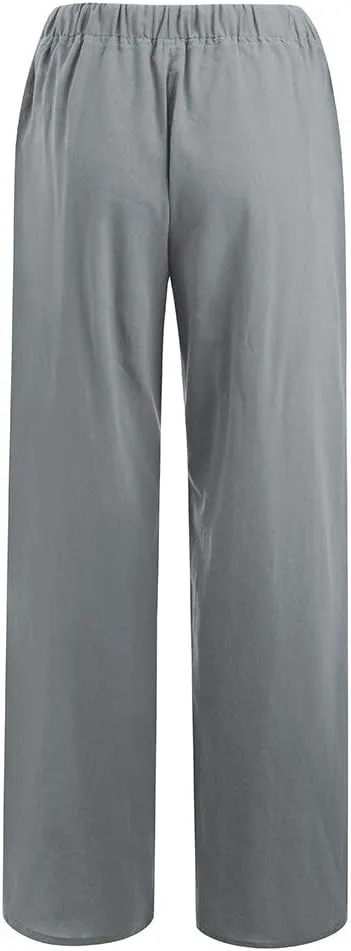Women's Summer Casual Pants Loose Fit High Waist Drawstring Beach Pants Straight Leg Lightweight Pant with Pockets