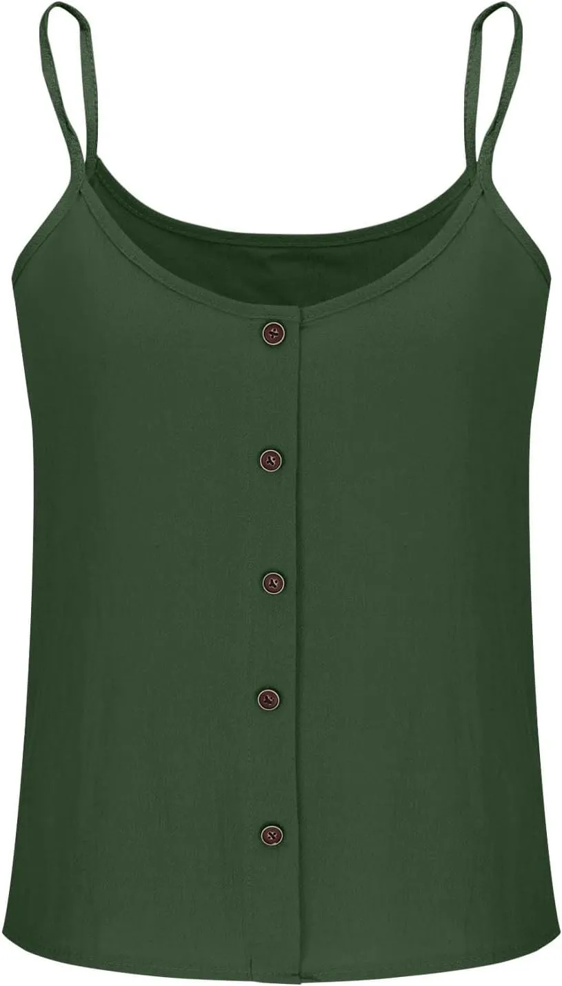 Womens Summer Cotton Linen Spaghetti Strap Tank Top V Neck Sleeveless Camisole Casual Loose Button Shirts Crop Tops