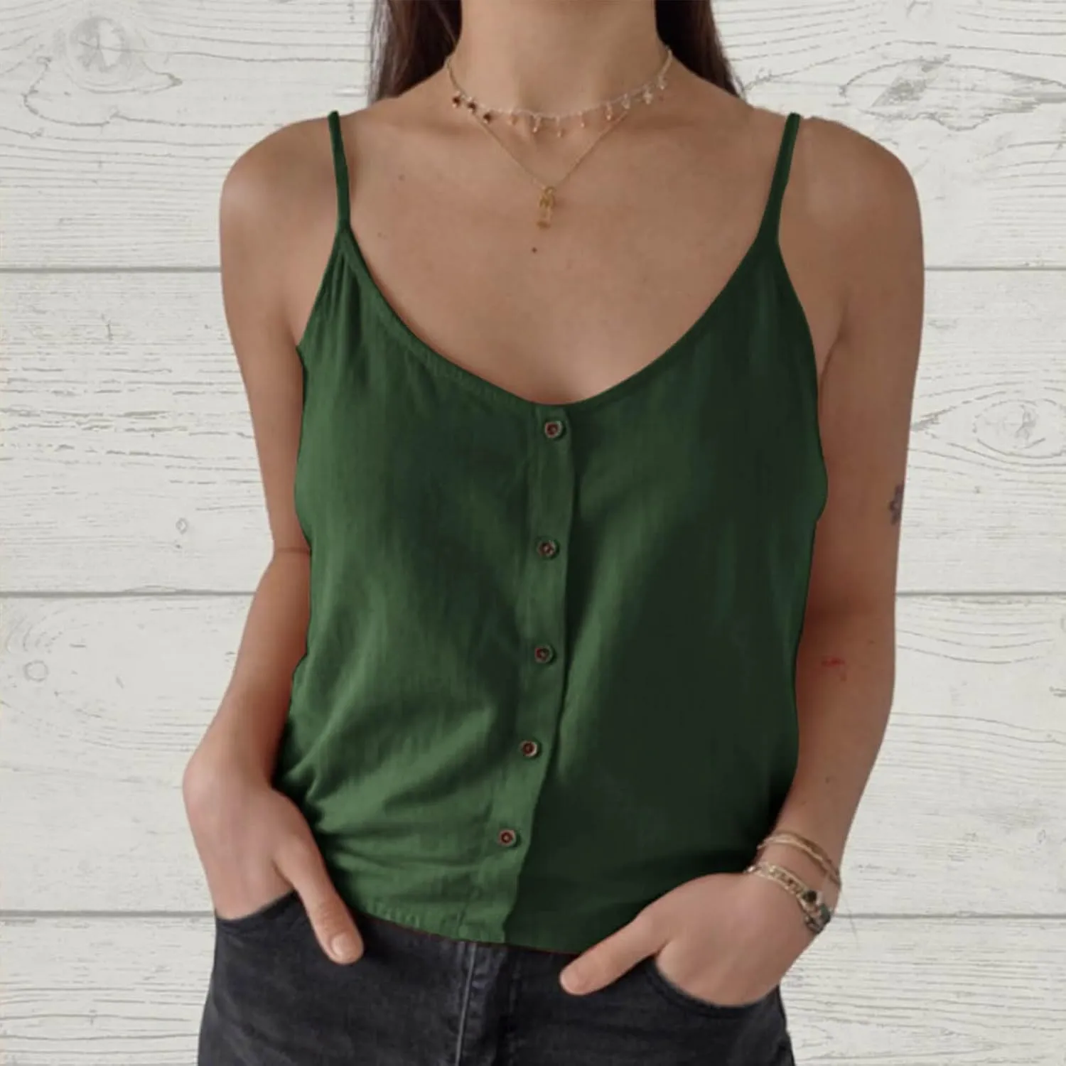 Womens Summer Cotton Linen Spaghetti Strap Tank Top V Neck Sleeveless Camisole Casual Loose Button Shirts Crop Tops