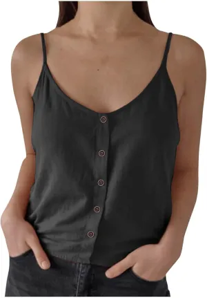 Womens Summer Cotton Linen Spaghetti Strap Tank Top V Neck Sleeveless Camisole Casual Loose Button Shirts Crop Tops