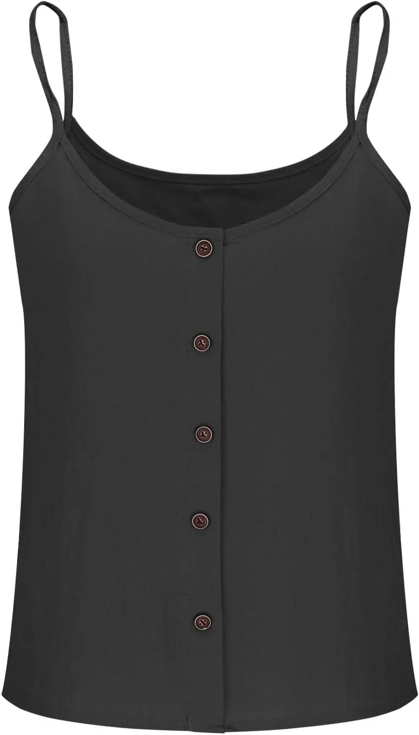 Womens Summer Cotton Linen Spaghetti Strap Tank Top V Neck Sleeveless Camisole Casual Loose Button Shirts Crop Tops