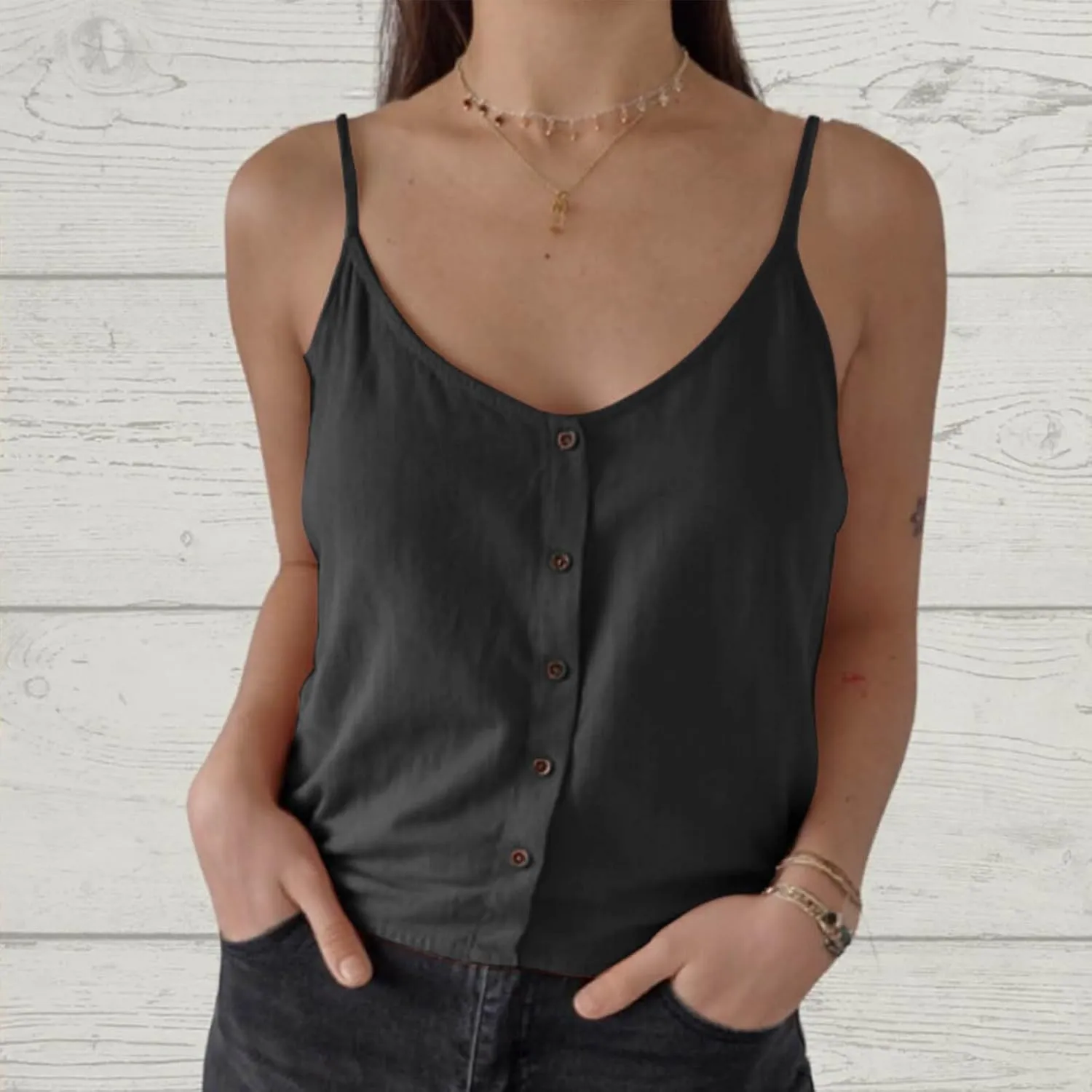 Womens Summer Cotton Linen Spaghetti Strap Tank Top V Neck Sleeveless Camisole Casual Loose Button Shirts Crop Tops
