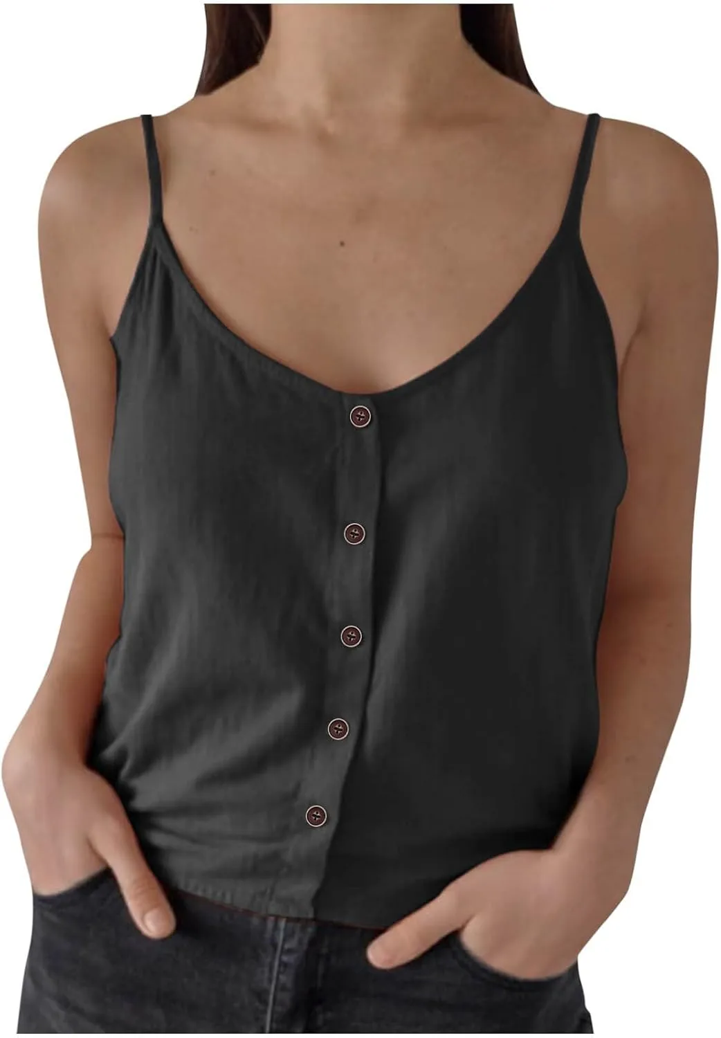 Womens Summer Cotton Linen Spaghetti Strap Tank Top V Neck Sleeveless Camisole Casual Loose Button Shirts Crop Tops