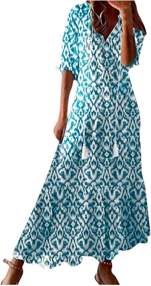 Womens Summer Dresses Short Sleeve Boho Graphic Print Maxi Dresses Loose Casual Flowy Beach Sundresses