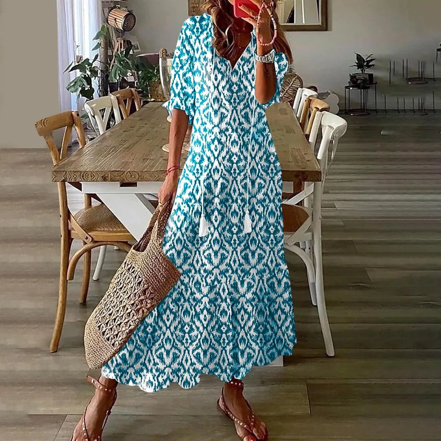 Womens Summer Dresses Short Sleeve Boho Graphic Print Maxi Dresses Loose Casual Flowy Beach Sundresses