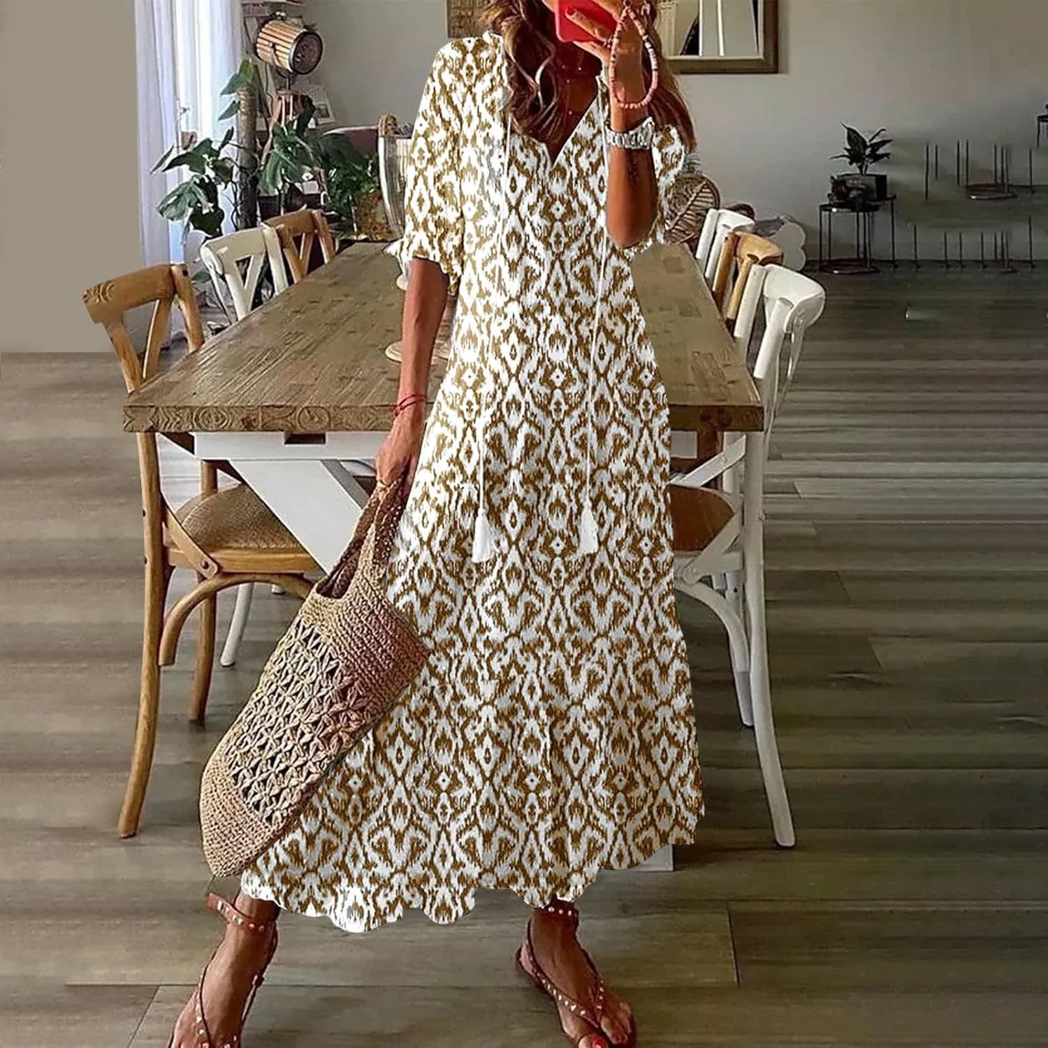 Womens Summer Dresses Short Sleeve Boho Graphic Print Maxi Dresses Loose Casual Flowy Beach Sundresses