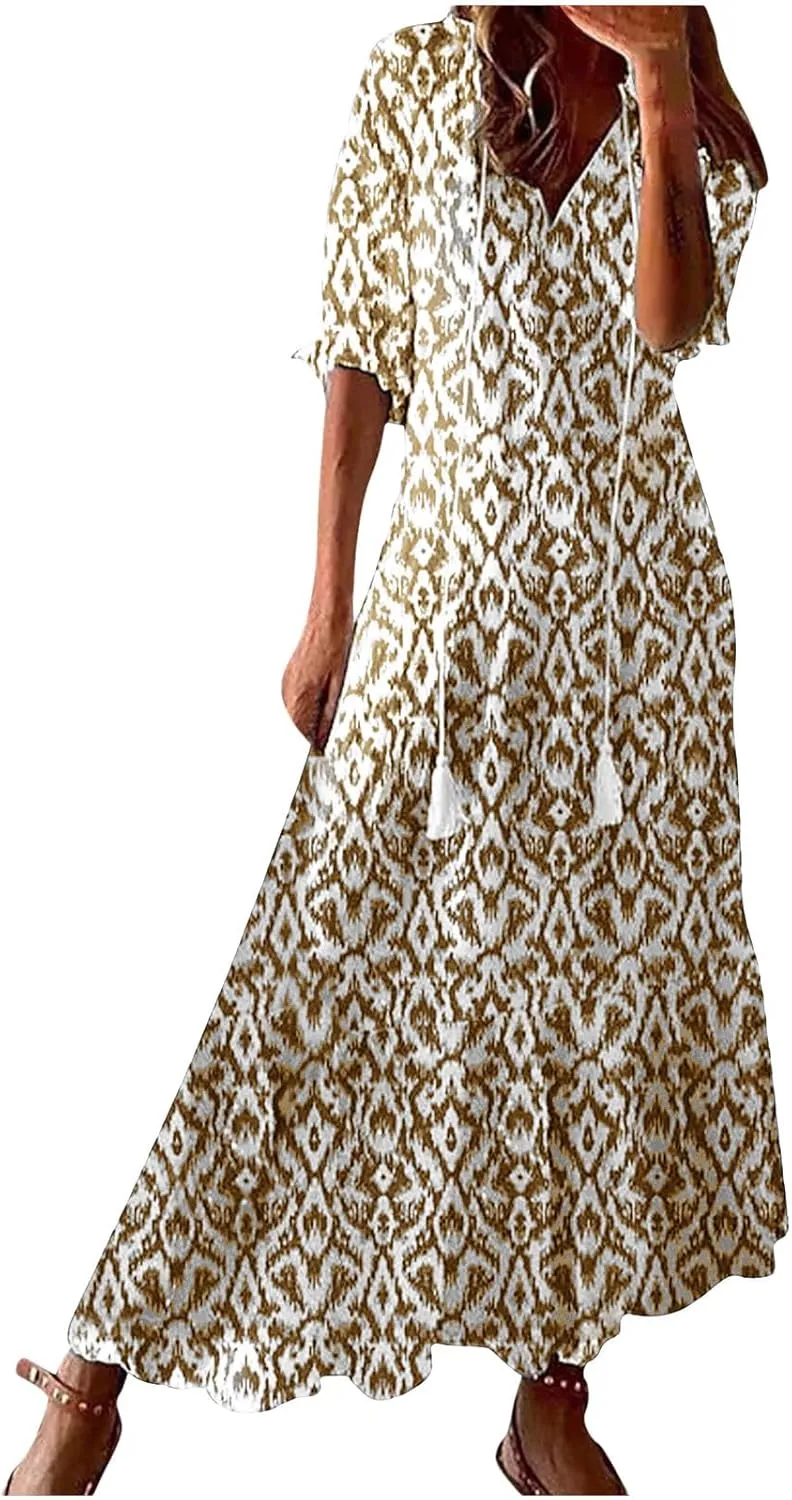 Womens Summer Dresses Short Sleeve Boho Graphic Print Maxi Dresses Loose Casual Flowy Beach Sundresses