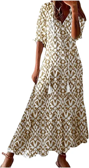 Womens Summer Dresses Short Sleeve Boho Graphic Print Maxi Dresses Loose Casual Flowy Beach Sundresses