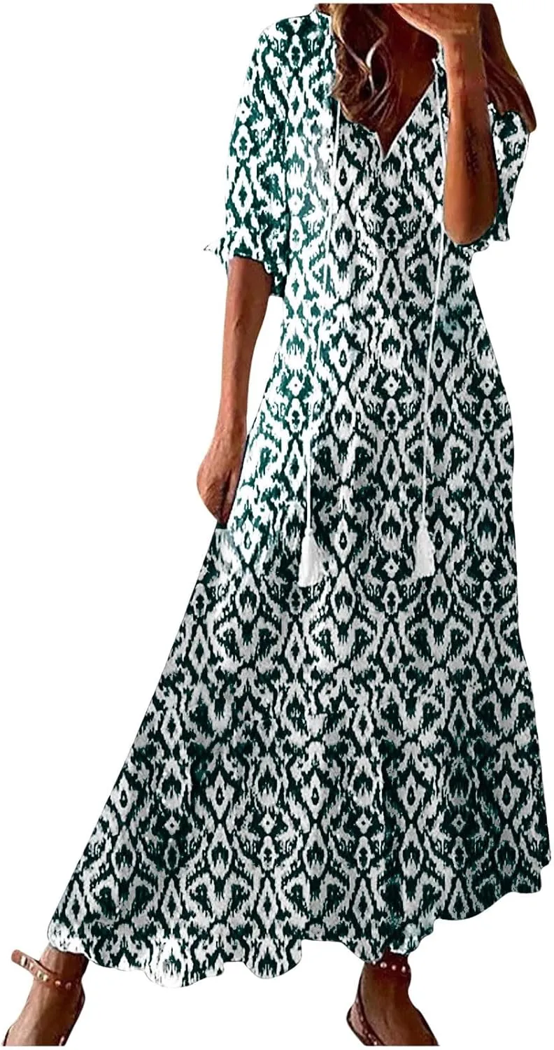 Womens Summer Dresses Short Sleeve Boho Graphic Print Maxi Dresses Loose Casual Flowy Beach Sundresses