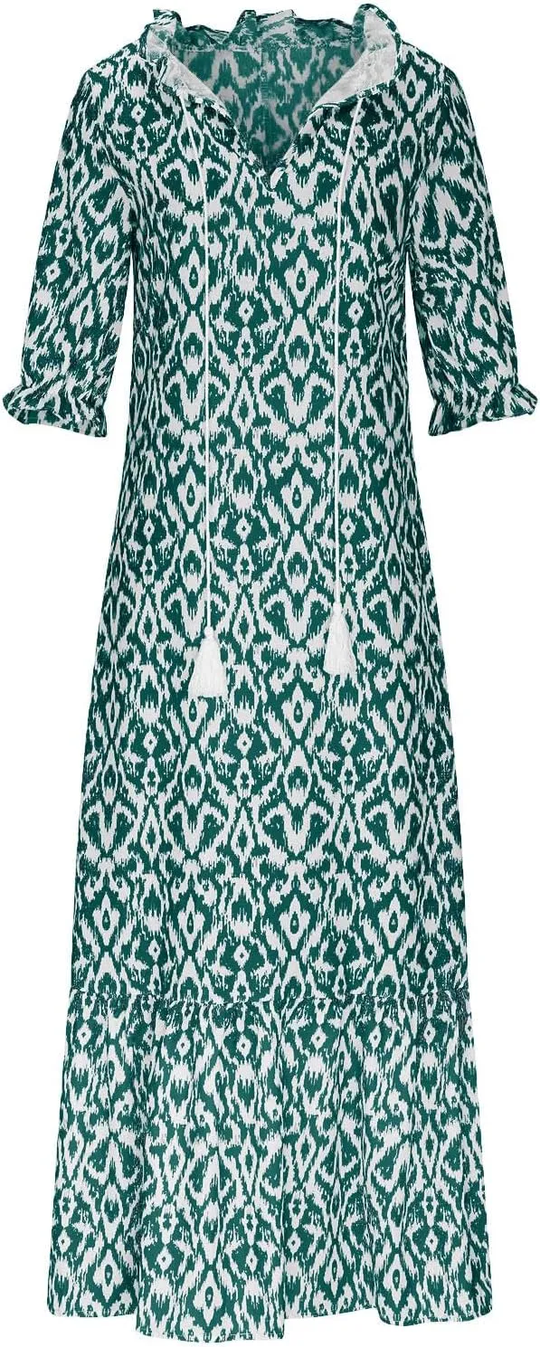 Womens Summer Dresses Short Sleeve Boho Graphic Print Maxi Dresses Loose Casual Flowy Beach Sundresses