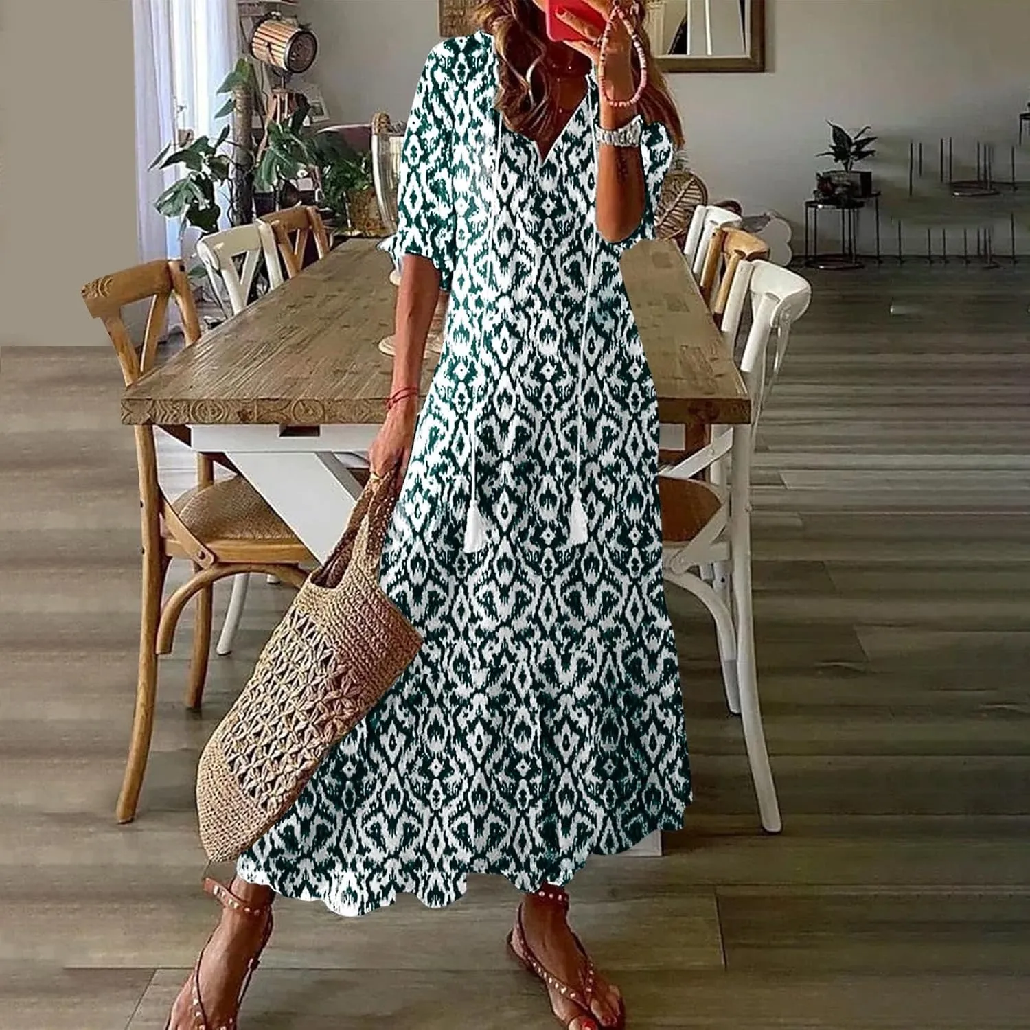 Womens Summer Dresses Short Sleeve Boho Graphic Print Maxi Dresses Loose Casual Flowy Beach Sundresses