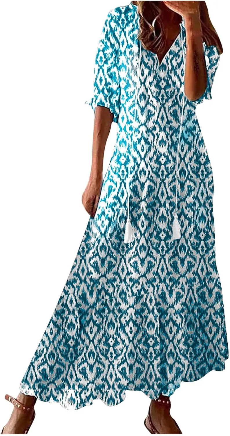 Womens Summer Dresses Short Sleeve Boho Graphic Print Maxi Dresses Loose Casual Flowy Beach Sundresses