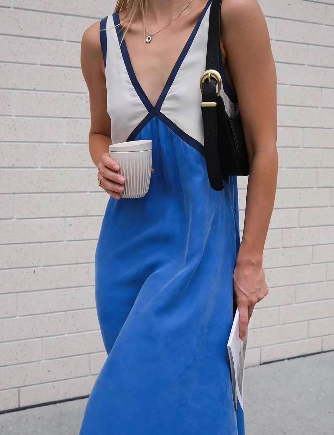 Women's Summer V Neck Sleeveless Color Block Satin Patchwork Maxi Dress Loose Fit Boho Flowy Beach Dress
