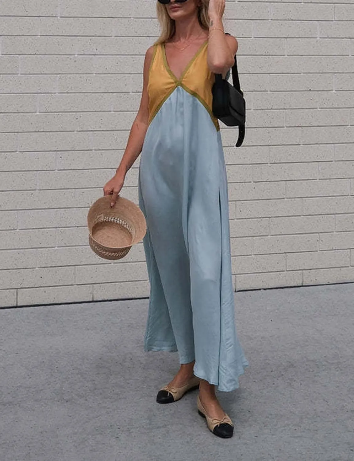 Women's Summer V Neck Sleeveless Color Block Satin Patchwork Maxi Dress Loose Fit Boho Flowy Beach Dress