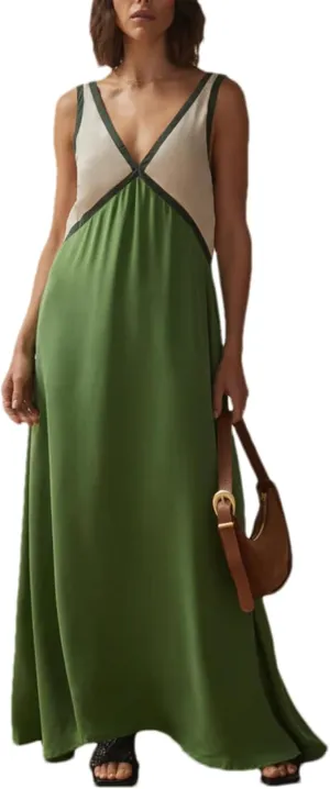 Women's Summer V Neck Sleeveless Color Block Satin Patchwork Maxi Dress Loose Fit Boho Flowy Beach Dress