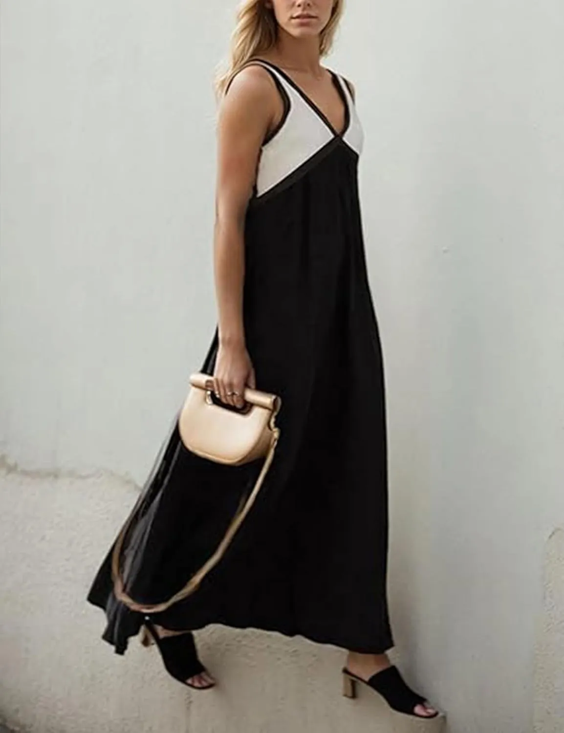 Women's Summer V Neck Sleeveless Color Block Satin Patchwork Maxi Dress Loose Fit Boho Flowy Beach Dress