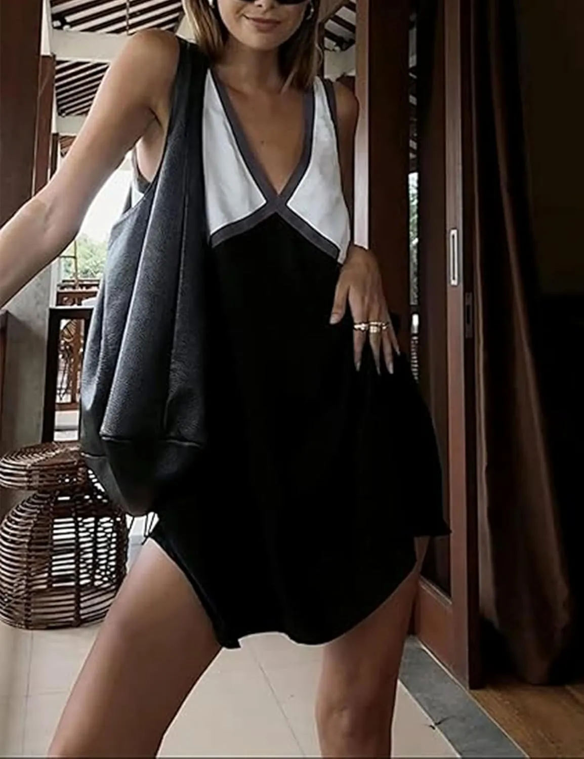 Women's Summer V Neck Sleeveless Color Block Satin Patchwork Maxi Dress Loose Fit Boho Flowy Beach Dress