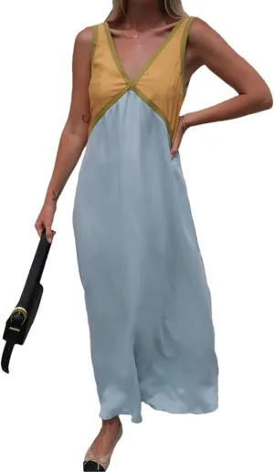 Women's Summer V Neck Sleeveless Color Block Satin Patchwork Maxi Dress Loose Fit Boho Flowy Beach Dress