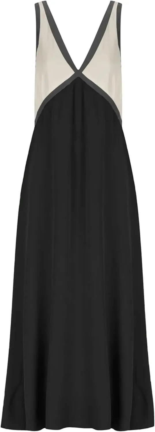 Women's Summer V Neck Sleeveless Color Block Satin Patchwork Maxi Dress Loose Fit Boho Flowy Beach Dress