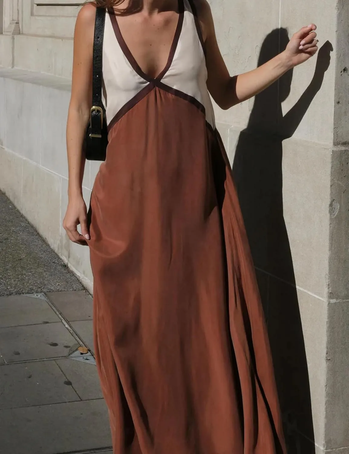 Women's Summer V Neck Sleeveless Color Block Satin Patchwork Maxi Dress Loose Fit Boho Flowy Beach Dress