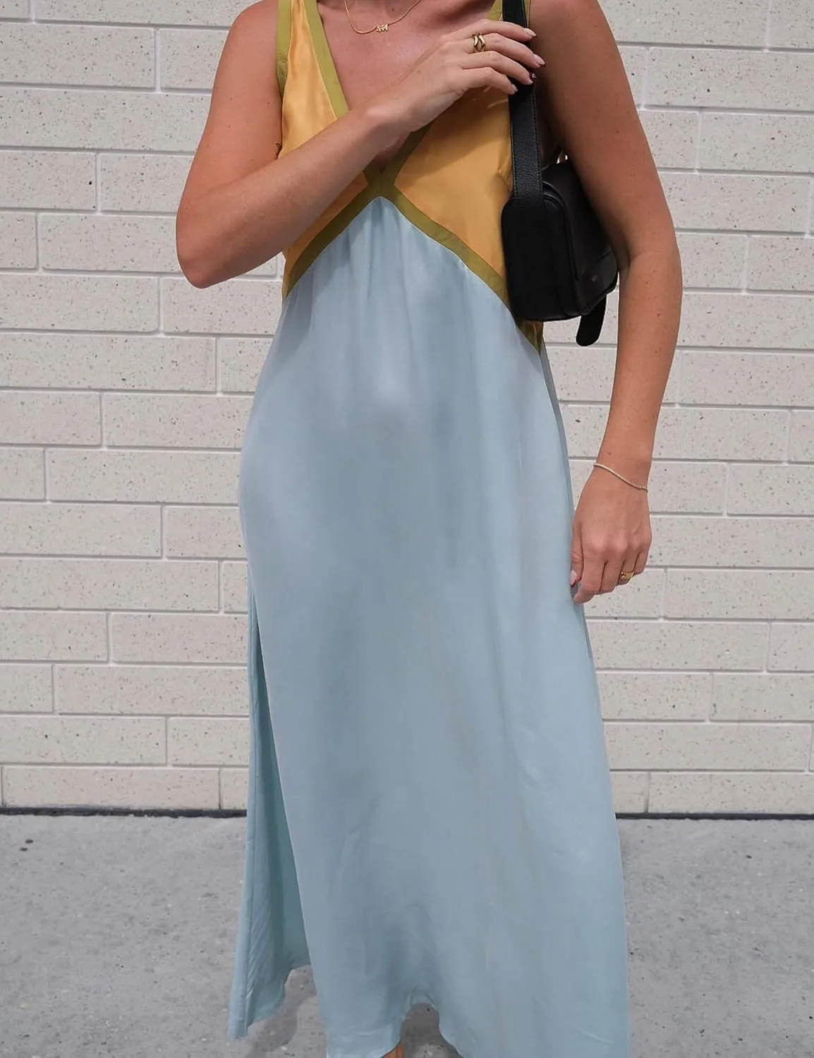 Women's Summer V Neck Sleeveless Color Block Satin Patchwork Maxi Dress Loose Fit Boho Flowy Beach Dress