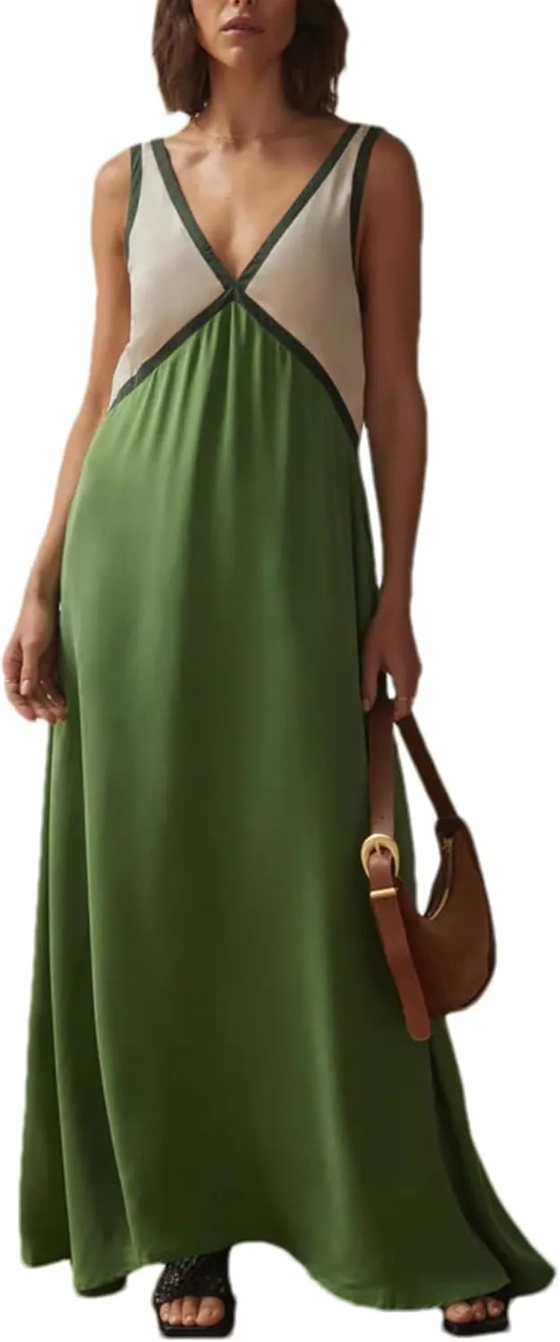 Women's Summer V Neck Sleeveless Color Block Satin Patchwork Maxi Dress Loose Fit Boho Flowy Beach Dress