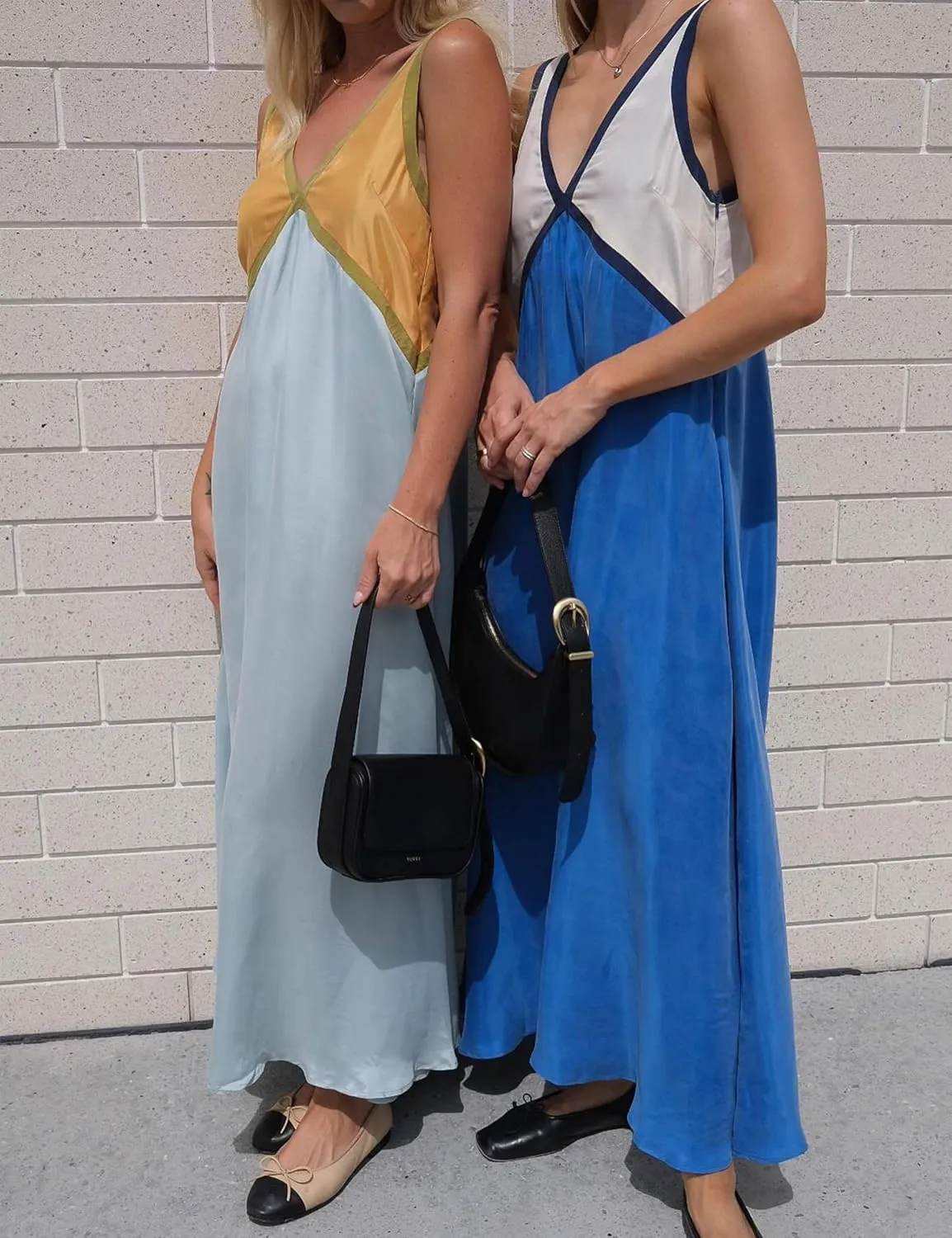 Women's Summer V Neck Sleeveless Color Block Satin Patchwork Maxi Dress Loose Fit Boho Flowy Beach Dress