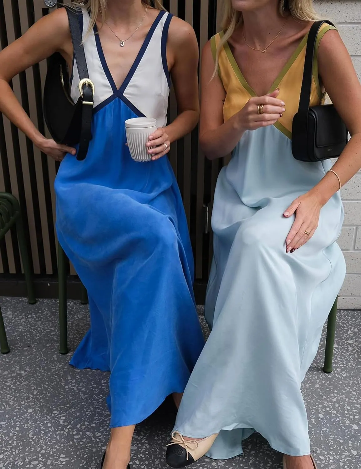 Women's Summer V Neck Sleeveless Color Block Satin Patchwork Maxi Dress Loose Fit Boho Flowy Beach Dress