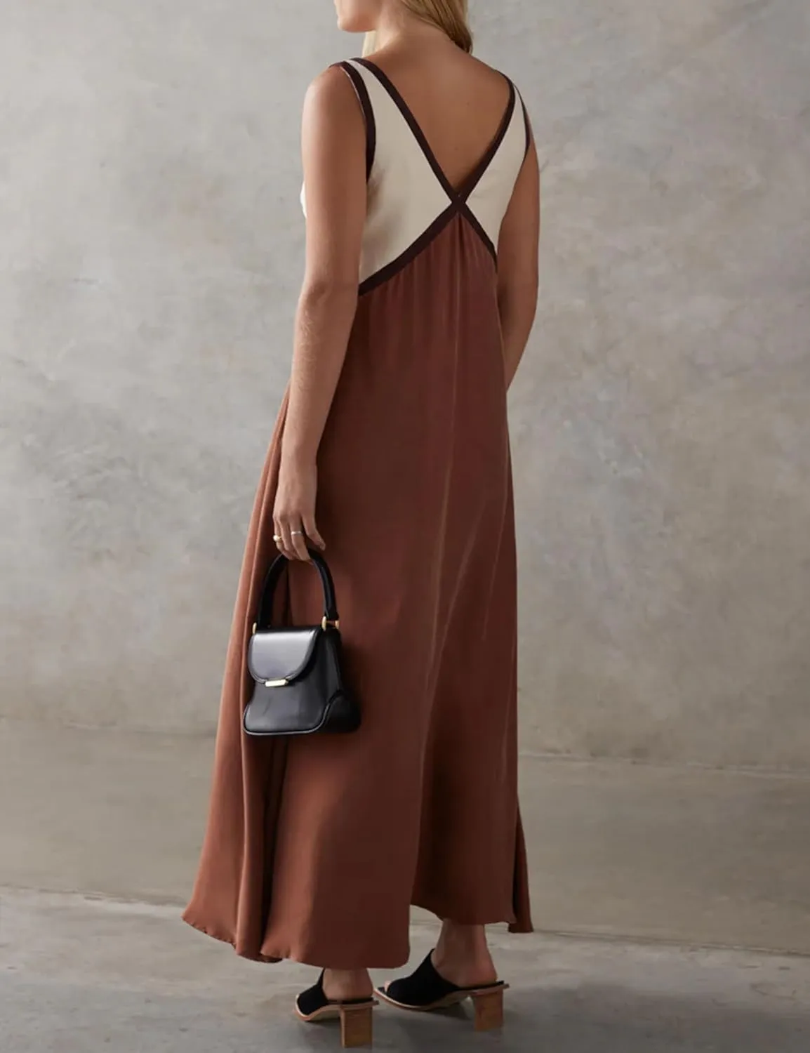 Women's Summer V Neck Sleeveless Color Block Satin Patchwork Maxi Dress Loose Fit Boho Flowy Beach Dress