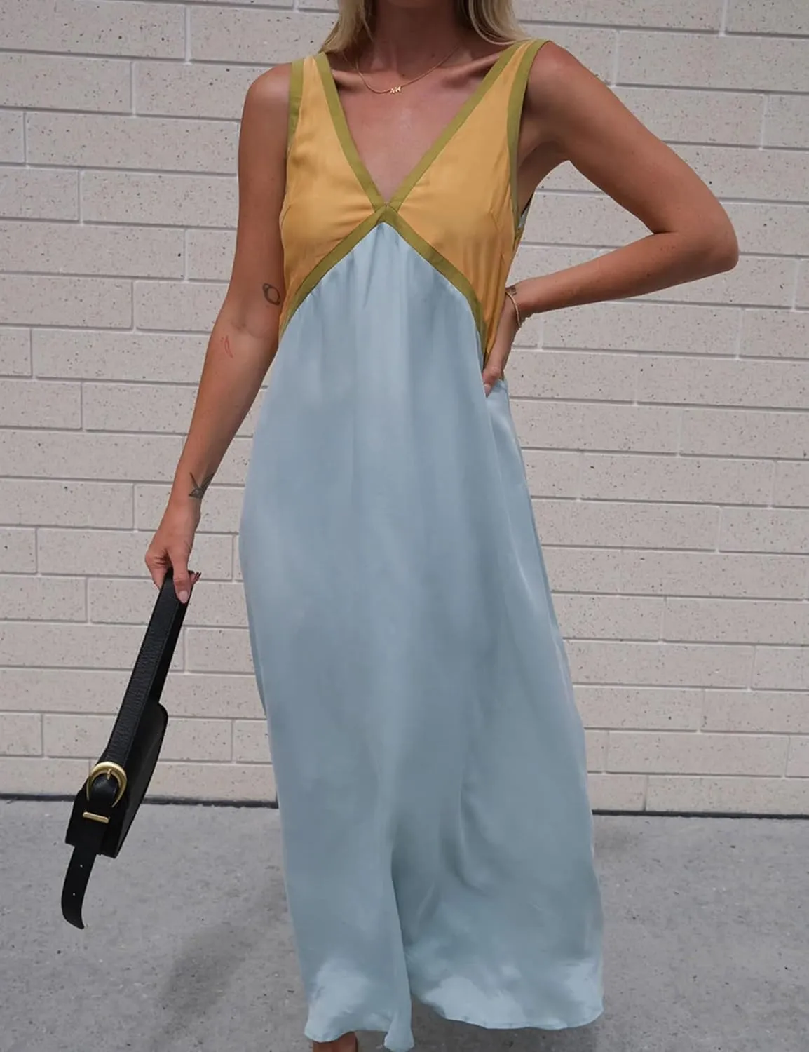 Women's Summer V Neck Sleeveless Color Block Satin Patchwork Maxi Dress Loose Fit Boho Flowy Beach Dress