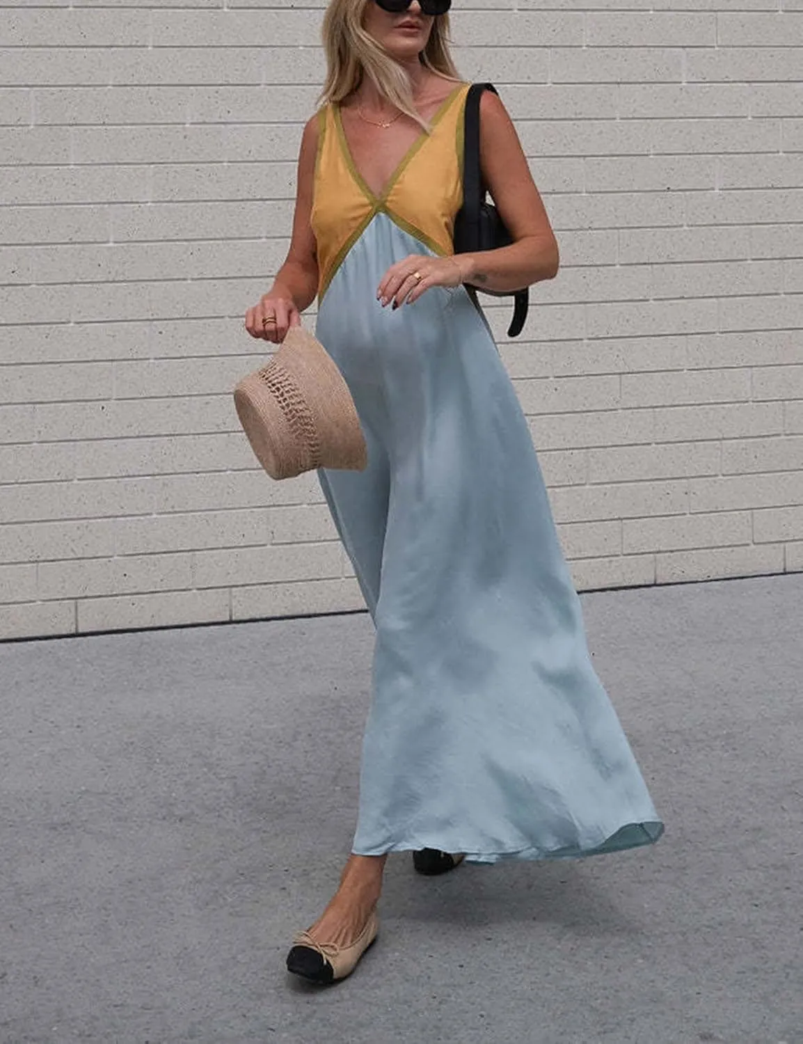 Women's Summer V Neck Sleeveless Color Block Satin Patchwork Maxi Dress Loose Fit Boho Flowy Beach Dress