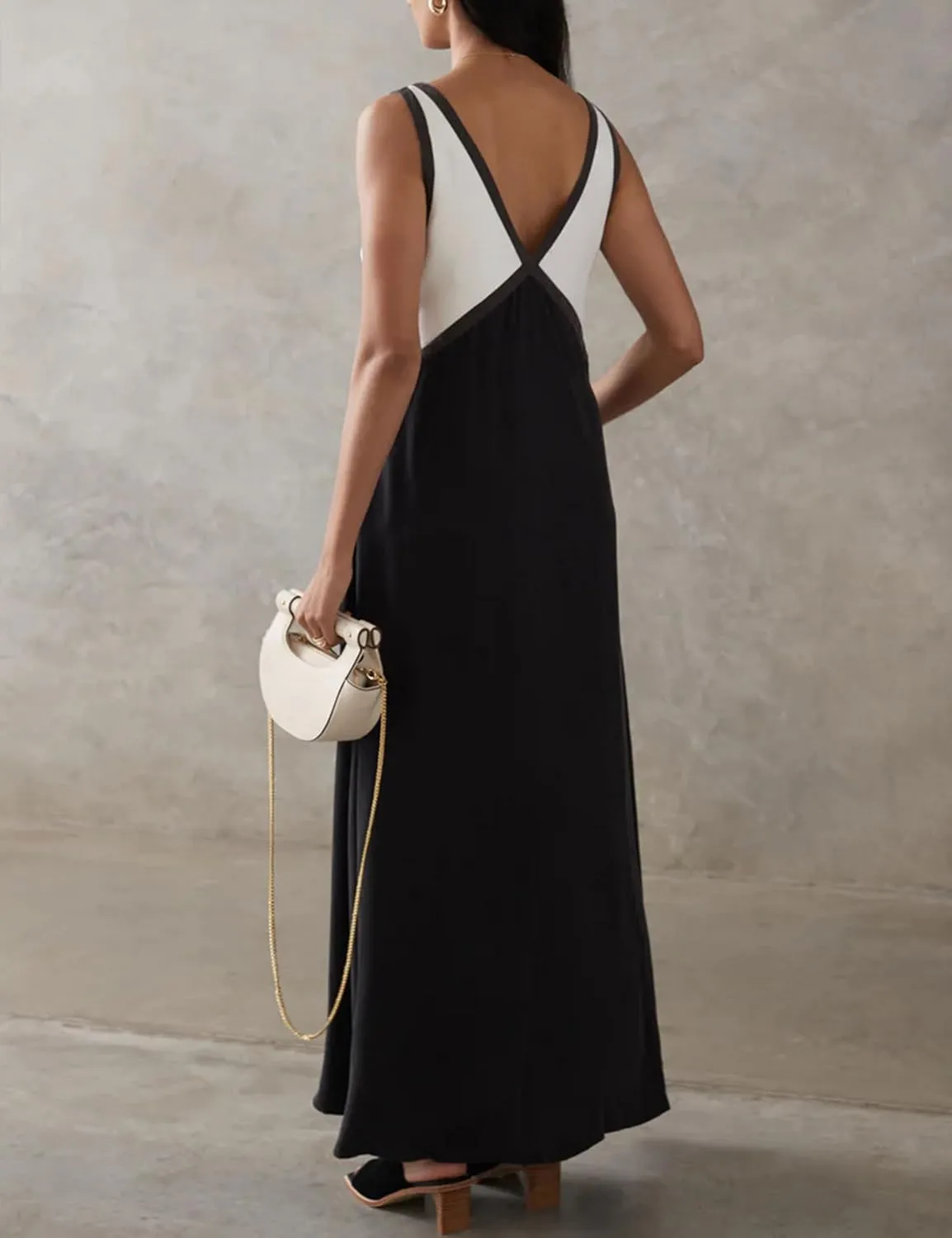 Women's Summer V Neck Sleeveless Color Block Satin Patchwork Maxi Dress Loose Fit Boho Flowy Beach Dress