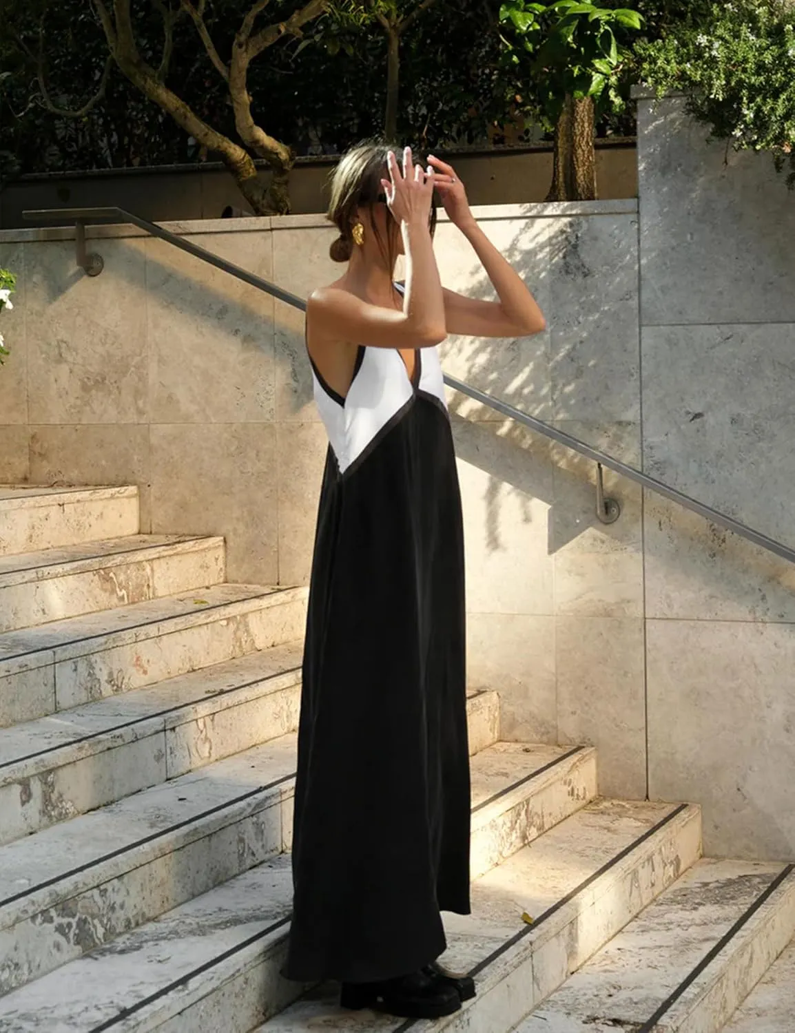 Women's Summer V Neck Sleeveless Color Block Satin Patchwork Maxi Dress Loose Fit Boho Flowy Beach Dress