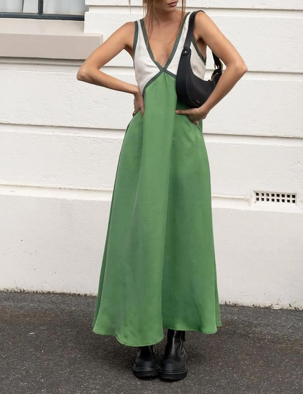 Women's Summer V Neck Sleeveless Color Block Satin Patchwork Maxi Dress Loose Fit Boho Flowy Beach Dress