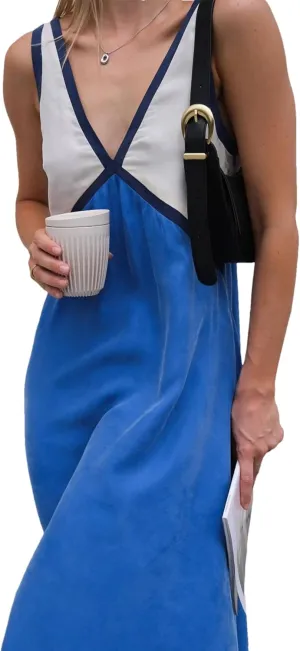 Women's Summer V Neck Sleeveless Color Block Satin Patchwork Maxi Dress Loose Fit Boho Flowy Beach Dress