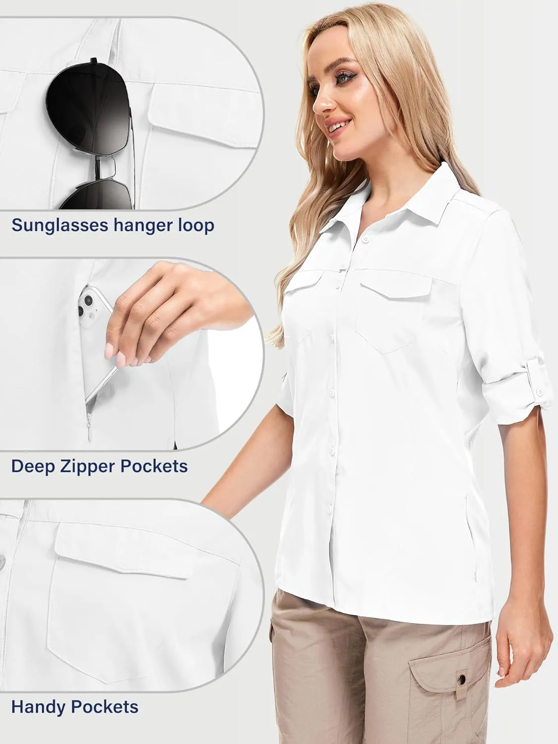 Women's Sun Protection Fishing Shirts Long Sleeve Travel Work Shirts for Men UPF50  Safari Shirts with Zipper Pockets