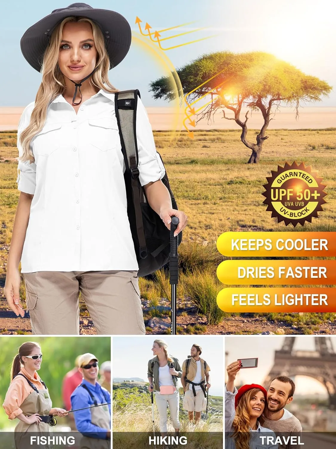 Women's Sun Protection Fishing Shirts Long Sleeve Travel Work Shirts for Men UPF50  Safari Shirts with Zipper Pockets