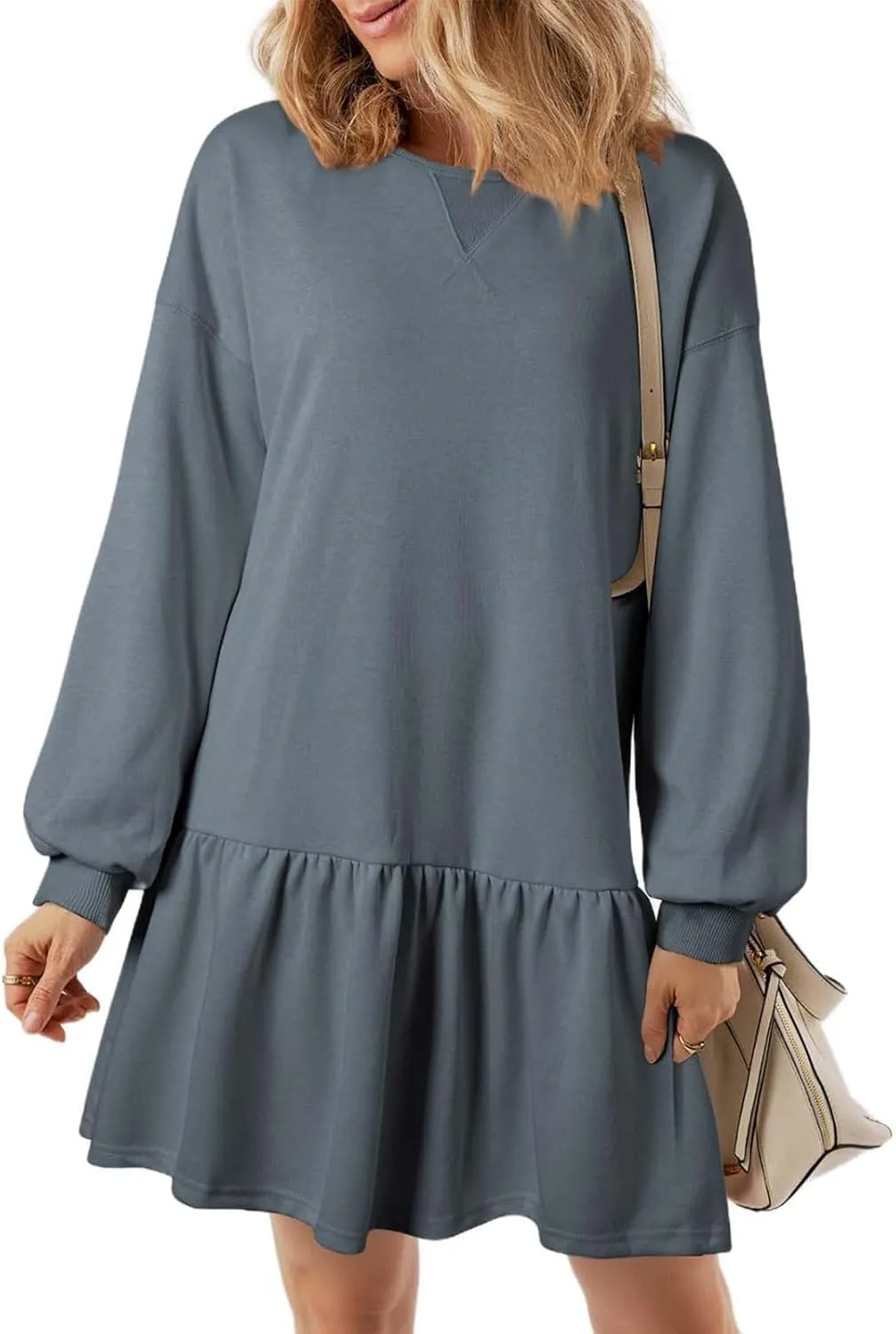 Womens Sweatshirt Dresses Solid Rib Knit Patchwork Dress Casual Long Sleeve Crewneck Pullover Tops Mini Pleated Dress