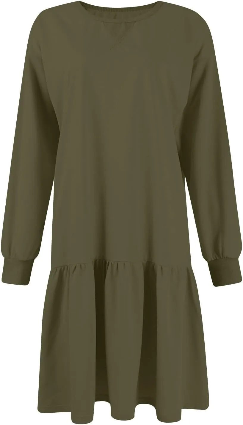Womens Sweatshirt Dresses Solid Rib Knit Patchwork Dress Casual Long Sleeve Crewneck Pullover Tops Mini Pleated Dress