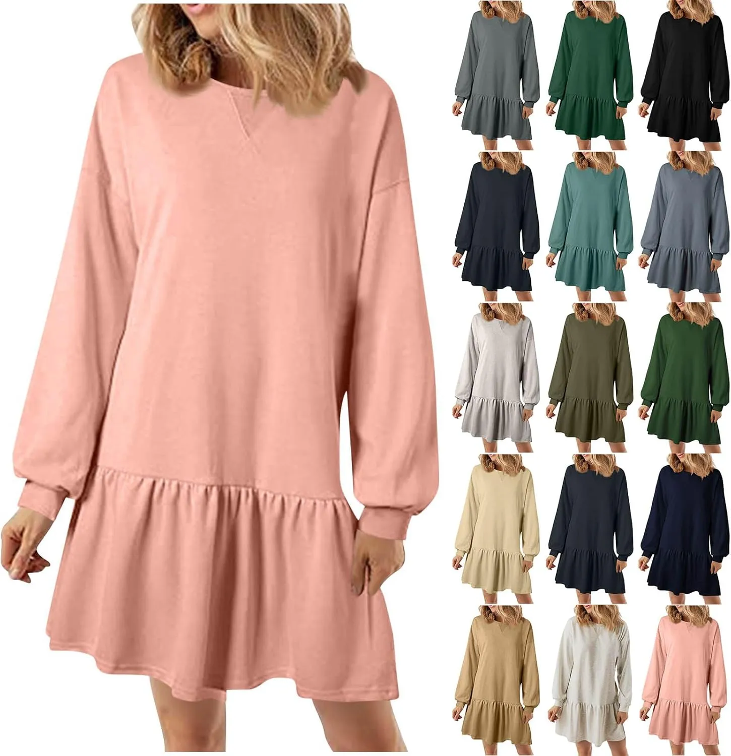 Womens Sweatshirt Dresses Solid Rib Knit Patchwork Dress Casual Long Sleeve Crewneck Pullover Tops Mini Pleated Dress