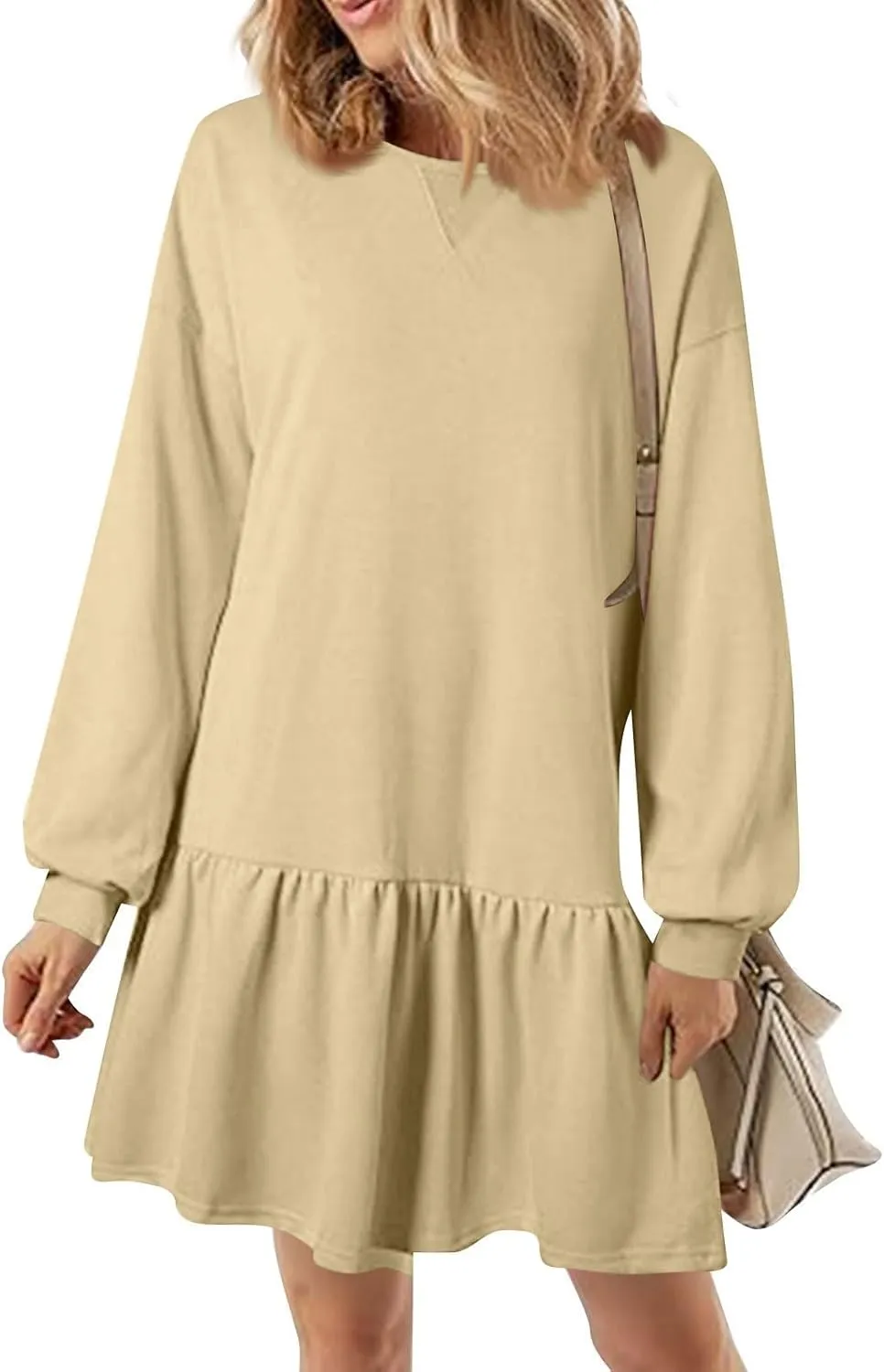 Womens Sweatshirt Dresses Solid Rib Knit Patchwork Dress Casual Long Sleeve Crewneck Pullover Tops Mini Pleated Dress