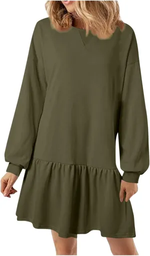 Womens Sweatshirt Dresses Solid Rib Knit Patchwork Dress Casual Long Sleeve Crewneck Pullover Tops Mini Pleated Dress