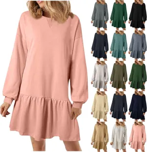 Womens Sweatshirt Dresses Solid Rib Knit Patchwork Dress Casual Long Sleeve Crewneck Pullover Tops Mini Pleated Dress