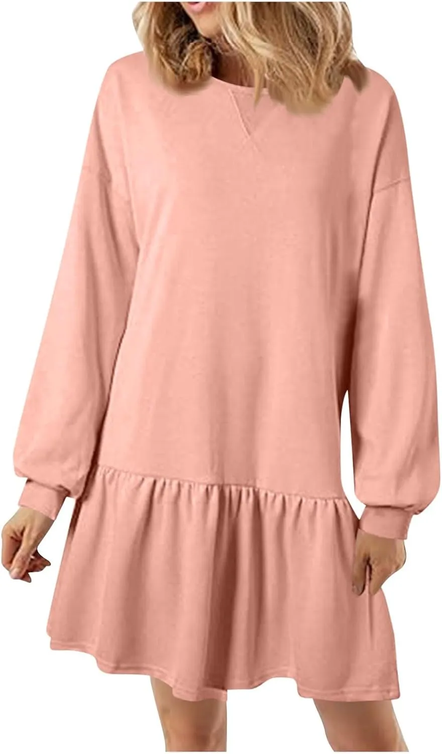 Womens Sweatshirt Dresses Solid Rib Knit Patchwork Dress Casual Long Sleeve Crewneck Pullover Tops Mini Pleated Dress