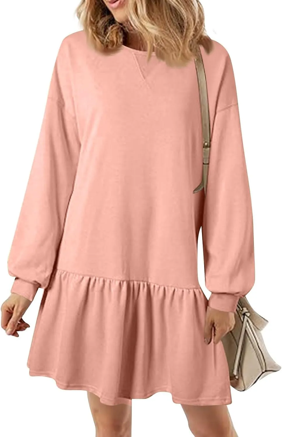 Womens Sweatshirt Dresses Solid Rib Knit Patchwork Dress Casual Long Sleeve Crewneck Pullover Tops Mini Pleated Dress