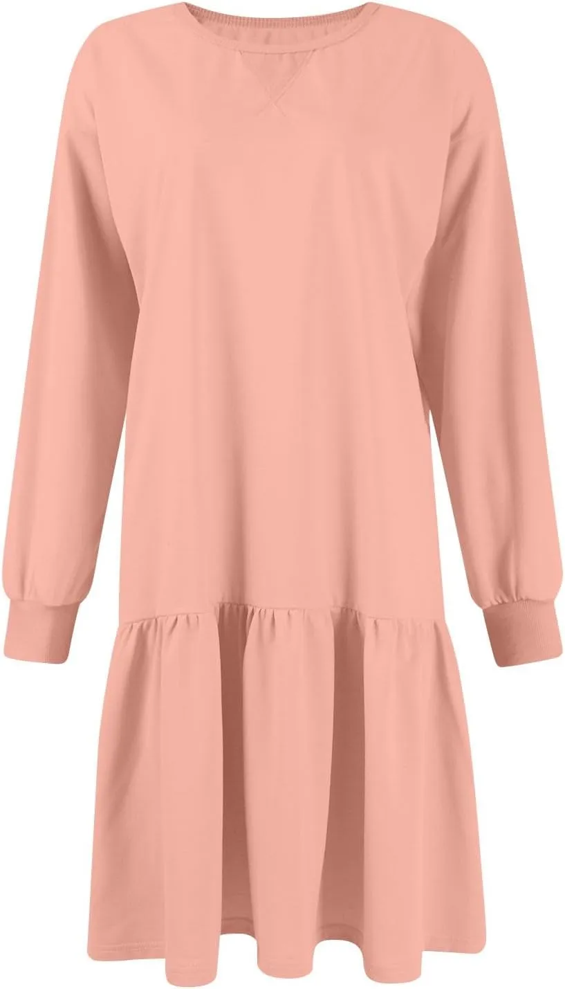 Womens Sweatshirt Dresses Solid Rib Knit Patchwork Dress Casual Long Sleeve Crewneck Pullover Tops Mini Pleated Dress