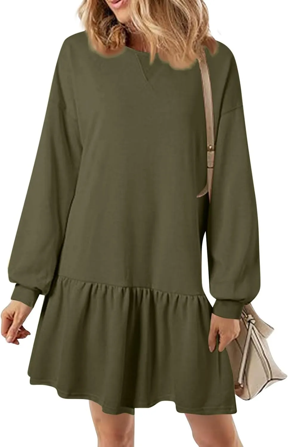 Womens Sweatshirt Dresses Solid Rib Knit Patchwork Dress Casual Long Sleeve Crewneck Pullover Tops Mini Pleated Dress