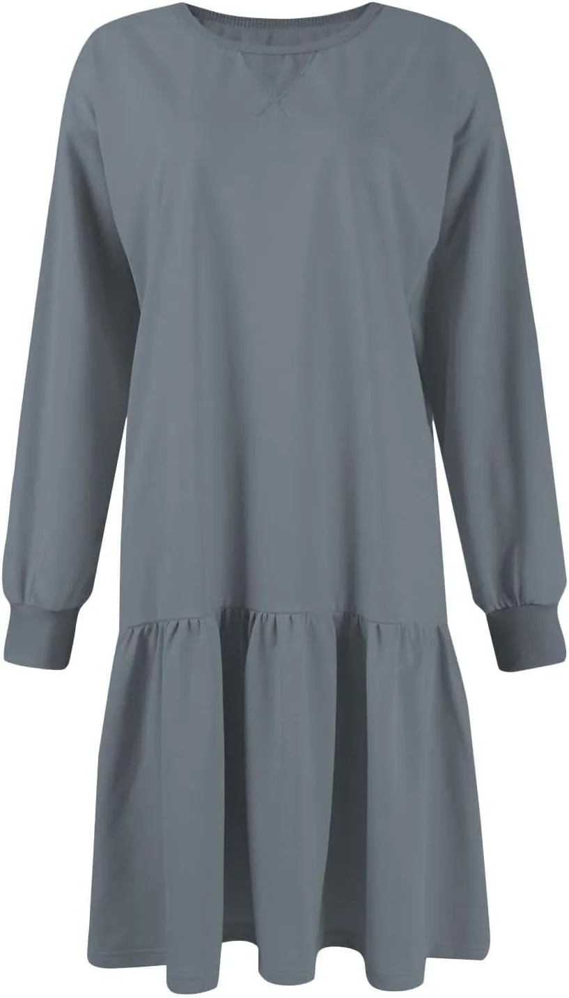 Womens Sweatshirt Dresses Solid Rib Knit Patchwork Dress Casual Long Sleeve Crewneck Pullover Tops Mini Pleated Dress